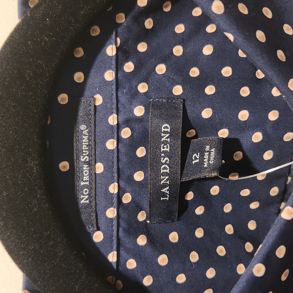 Lands' End NWT No Iron Supima button down shirt, sz 12, midnight indigo dots - Picture 2 of 9